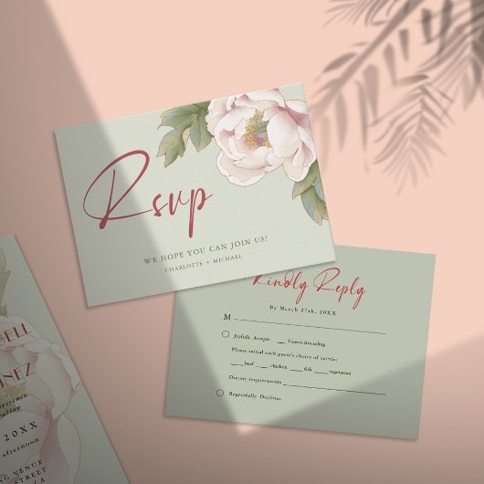Elegantes Sage & Blush Peony Floral Wedding RSVP Einladung