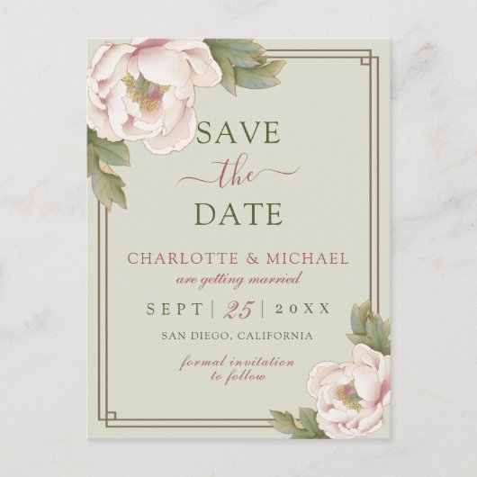 Elegantes Sage & Blush Peony Save the Date Postkarte (Vorderseite)