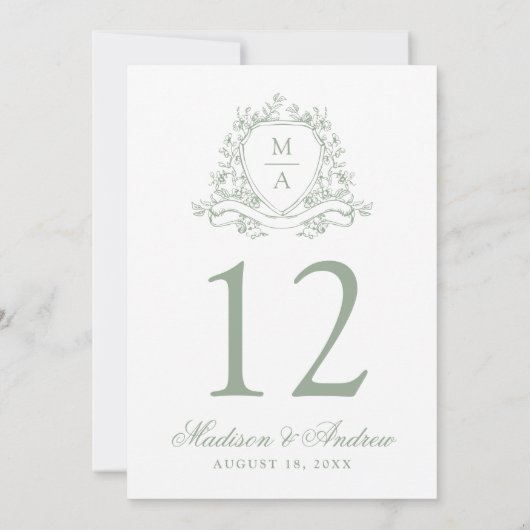 Elegantes Sage Floral Wappen Hochzeit Tischnummer (Rückseite)