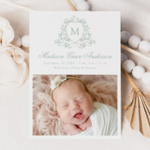 Elegantes Sage Floral Wappen Monogram 4 Foto Birth