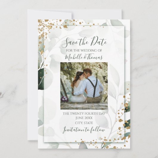 Elegantes Sage Gold Aquarell Eukalyptus-Foto Save The Date (Vorderseite)