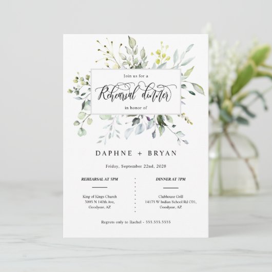 Elegantes Sage Green Blätter Probe Abendessen Foto Einladung (Stehend Vorderseite)