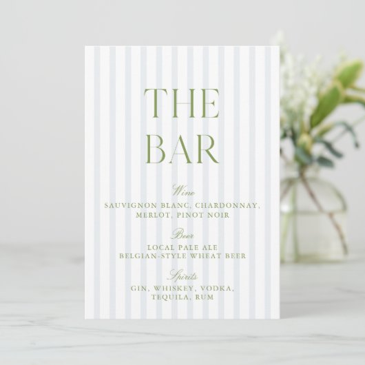 Elegantes Sage Green & Blue Striped Wedding Bar Si Einladung (Stehend Vorderseite)