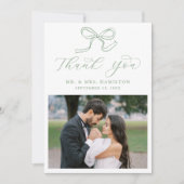 Elegantes Sage Green Bow Foto Hochzeit Dankeskarte (Vorderseite)