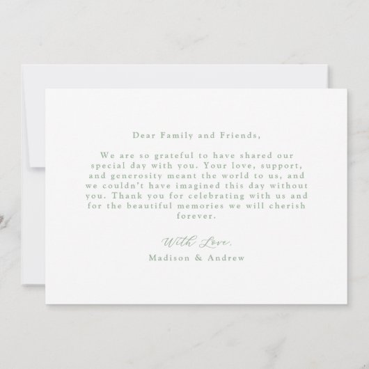 Elegantes Sage Green Bow Foto Hochzeit Dankeskarte (Rückseite)