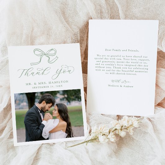 Elegantes Sage Green Bow Foto Hochzeit Dankeskarte