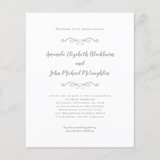 Elegantes Sage Green Budget Hochzeit Chic Einladun (Vorderseite)