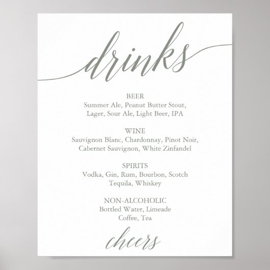 Elegantes Sage Green Calligraphy Drink Menu Schild (Vorne)