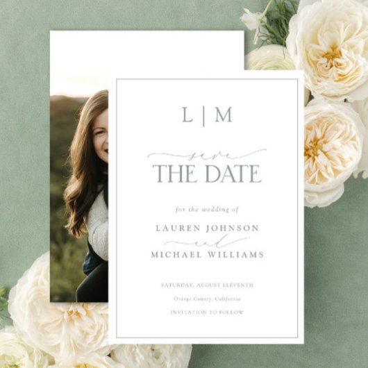 Elegantes Sage Green Classy Monogram Foto Hochzeit Save The Date