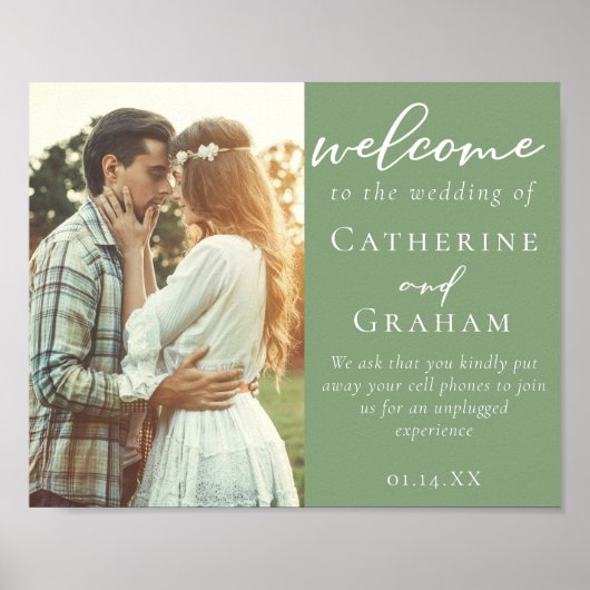 Elegantes Sage Green Couple Foto Hochzeit Willkomm Poster (Vorne)