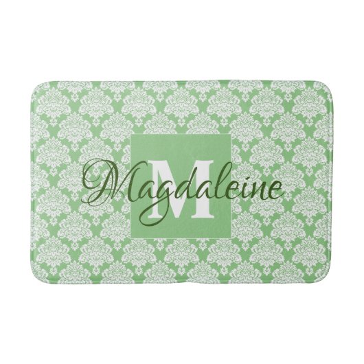 Elegantes Sage Green Damask Lace Monogram & Name Badematte (Vorderseite)