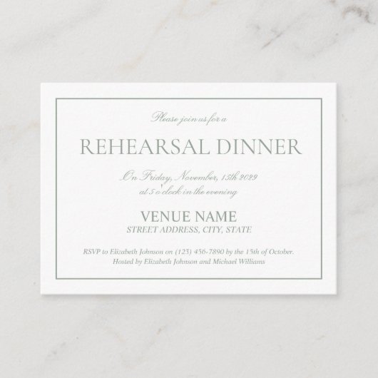 Elegantes Sage Green Einfache Skript-Probe Abendes Begleitkarte (Vorderseite)