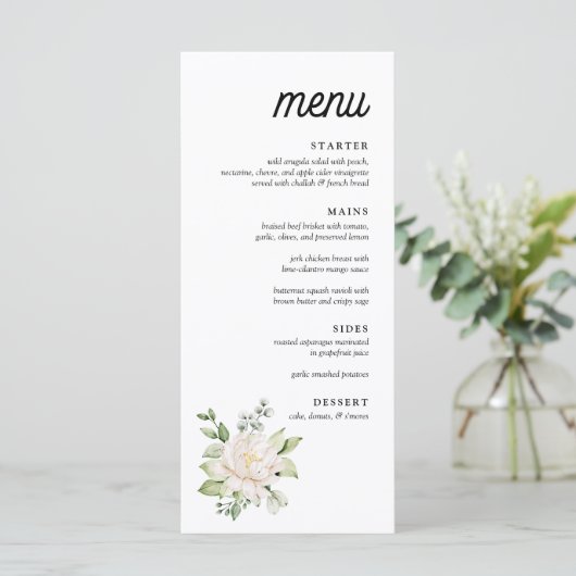 Elegantes Sage Green Floral Peony Dinner Menu Menükarte (Stehend Vorderseite)
