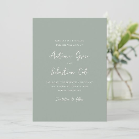 Elegantes Sage Green Foto Moderne Hochzeit Save The Date (Stehend Vorderseite)