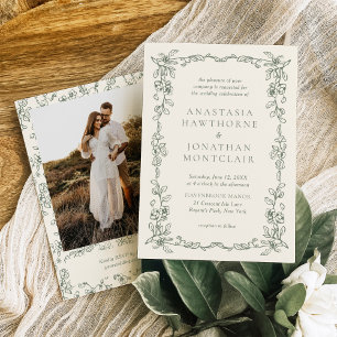 Elegantes Sage Green Foto Viktorianisch Vintage We Einladung