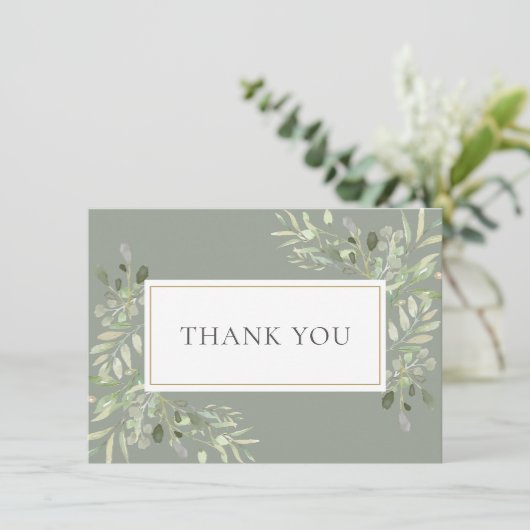 Elegantes Sage Green Gold Green Foliage Dankeskarte (Stehend Vorderseite)