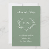Elegantes Sage Green Monogram Save the Date Foto Einladung (Vorderseite)