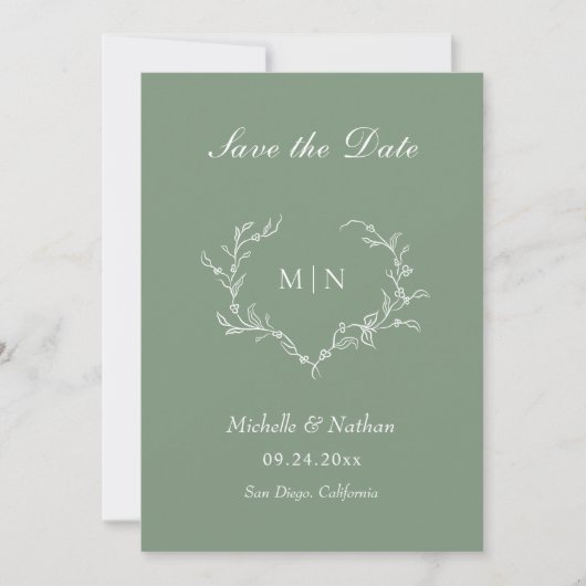 Elegantes Sage Green Monogram Save the Date Foto Einladung (Vorderseite)