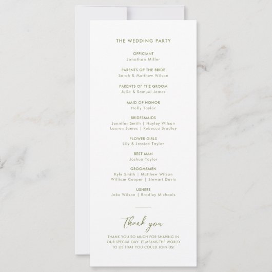 Elegantes Sage Green Script Minimal Wedding Progra Einladung (Rückseite)