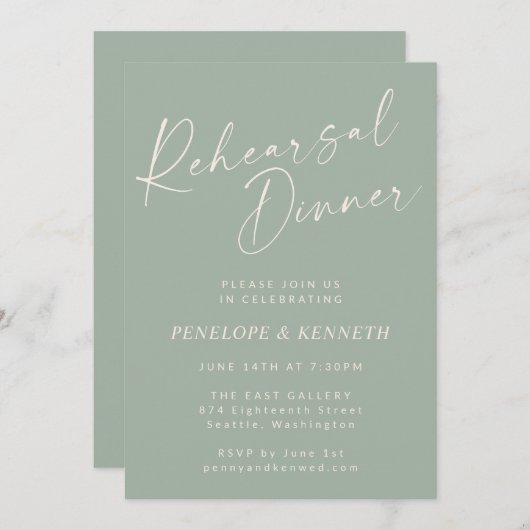 Elegantes Sage Green Script Probe Dinner Einladung (Vorne/Hinten)