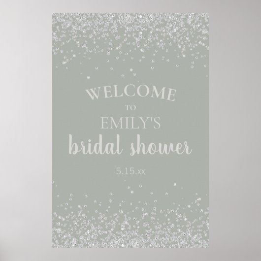 Elegantes Sage Green Silver Confetti Brautparty Poster (Vorne)