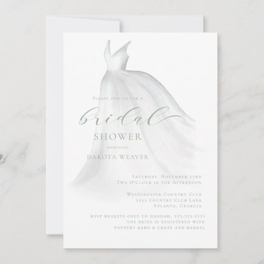 Elegantes Sage Green Wedding Dress Brautparty Einladung (Vorderseite)