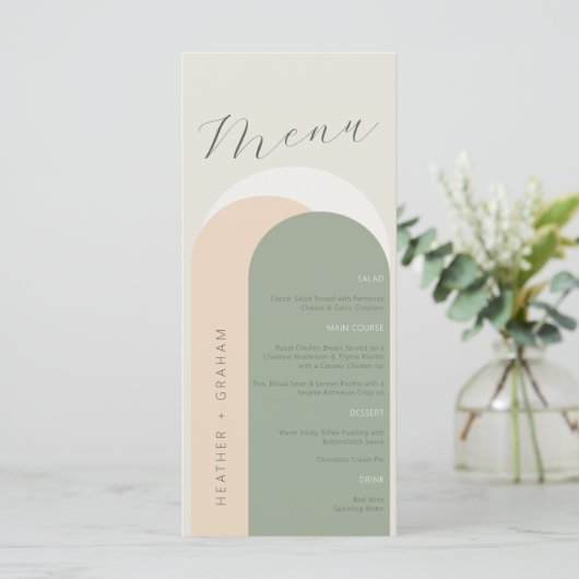 Elegantes Sage Green Wedding Menü (Stehend Vorderseite)