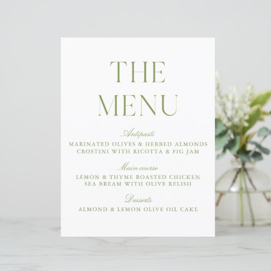 Elegantes Sage Green Wedding Menu Sign (Stehend Vorderseite)