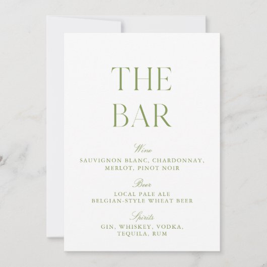 Elegantes Sage Green & White Wedding Bar Sign Einladung (Vorderseite)