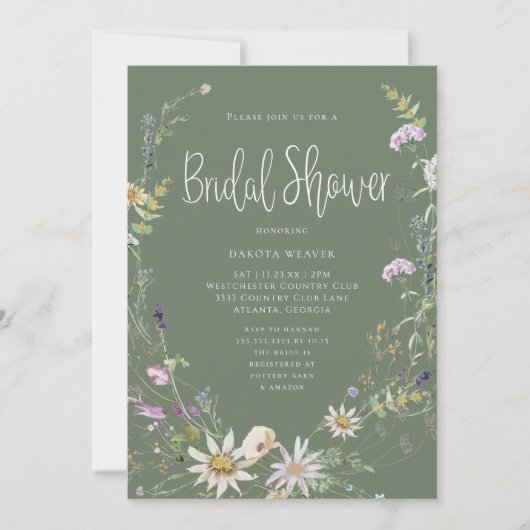 Elegantes Sage Green Wildblume Brautparty Einladung (Vorderseite)