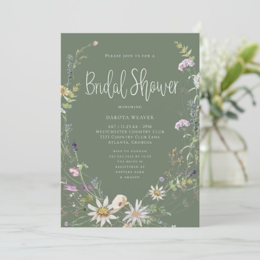 Elegantes Sage Green Wildblume Brautparty Einladung (Stehend Vorderseite)