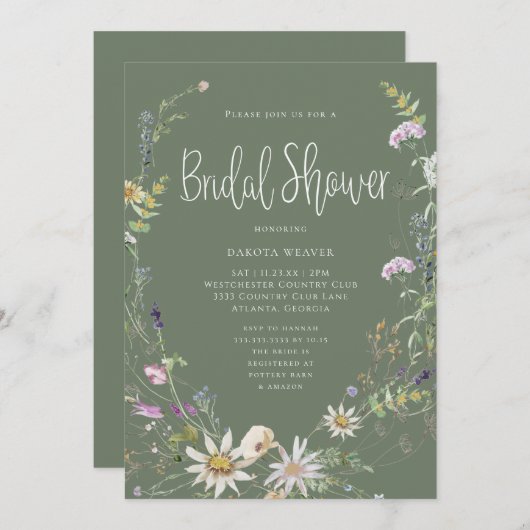 Elegantes Sage Green Wildblume Brautparty Einladung (Vorne/Hinten)