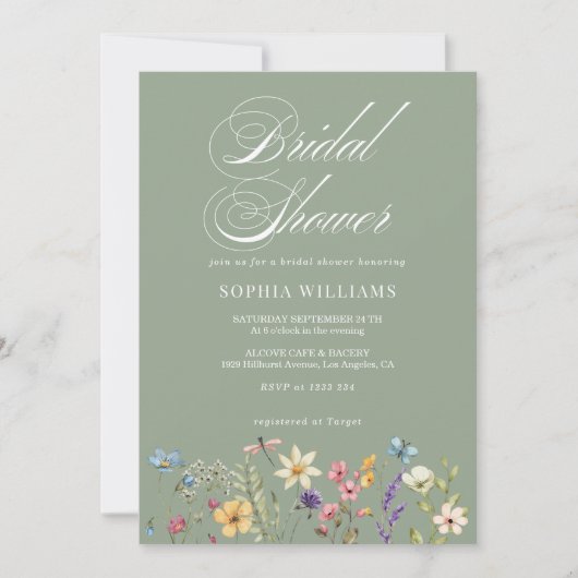 Elegantes Sage Green Wildblume Brautparty Einladung (Vorderseite)