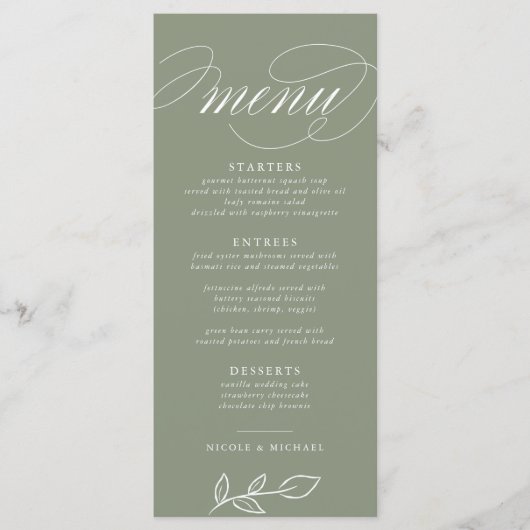 Elegantes Sage Minimalistische Blätter Hochzeitsme Menükarte (Vorderseite)