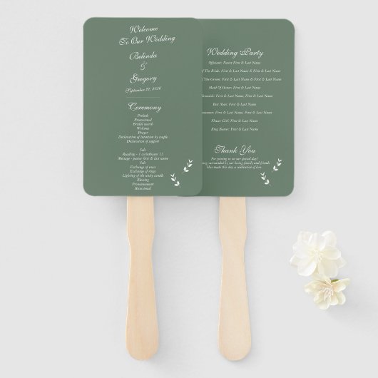 Elegantes Sage Olive Green Script Hochzeitsprogram Fächer (Vorne und Hinten)