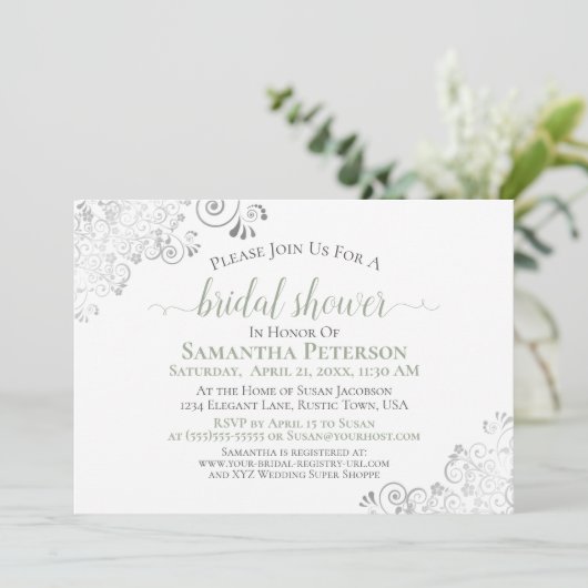 Elegantes Sage & Silver Lace Weißes Brautparty Einladung (Stehend Vorderseite)