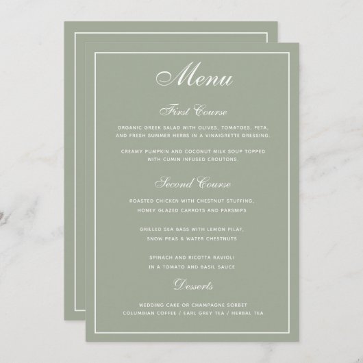 Elegantes Sage White Script Wedding Menu Menükarte (Vorne/Hinten)