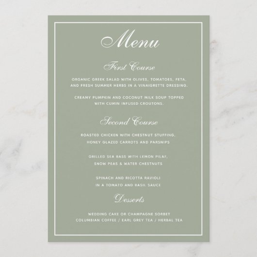 Elegantes Sage White Script Wedding Menu Menükarte (Vorderseite)
