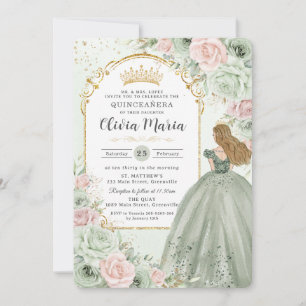 Elegantes Sagegrün-Rosé-Blumen-Prinzessin-Quinceañ Einladung