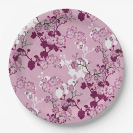 Elegantes Sakura Rosa Burgund Weißes Kirschblüten Pappteller