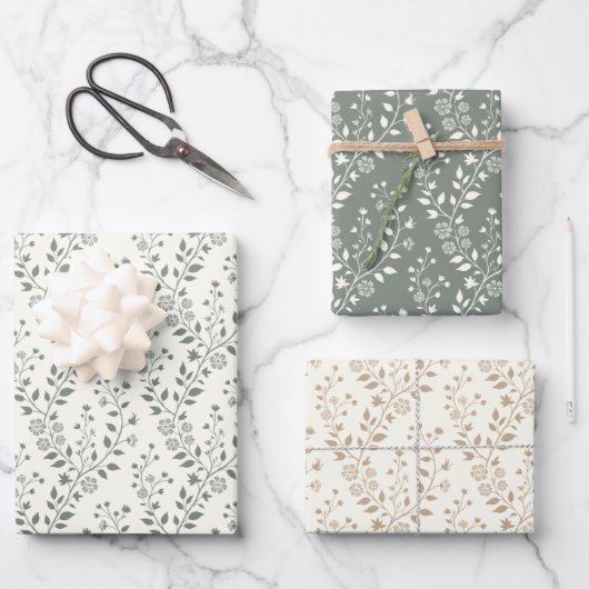 Elegantes Salbei-Cream Minimalist Boho Blumenmuste Geschenkpapier Set (Vorderseite)