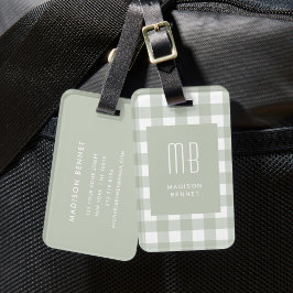 Elegantes Salbeigrün Gingham Monogramm Gepäckanhänger
