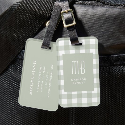 Elegantes Salbeigrün Gingham Monogramm Gepäckanhänger
