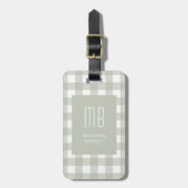 Elegantes Salbeigrün Gingham Monogramm Gepäckanhänger (Vorderseite vertikal)