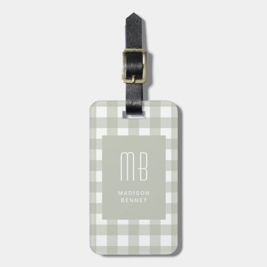 Elegantes Salbeigrün Gingham Monogramm Gepäckanhänger (Vorderseite vertikal)