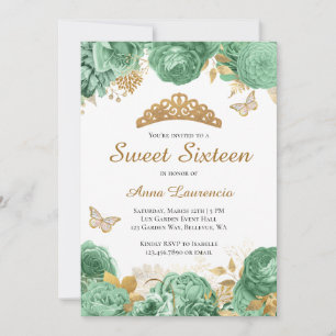 Elegantes Salbeigrün Gold Blumen Sweet 16 Sechzehn Einladung