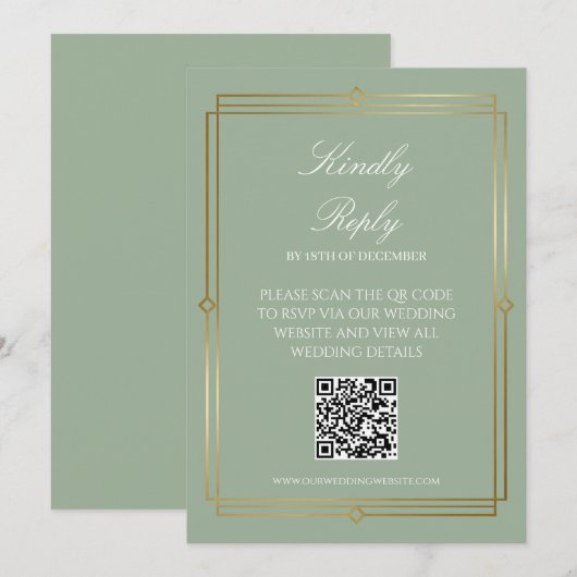 Elegantes Salbeigrün QR-Code-RSVP Einladung (Vorne/Hinten)