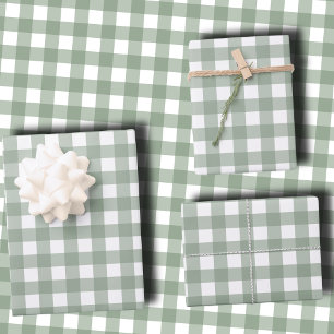 Elegantes Salbeigrün und Weiß Gingham-Fest Geschenkpapier Set