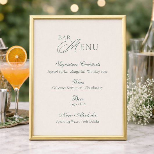 Elegantes Salbeigrünes Bar-Menü Hochzeitsschild