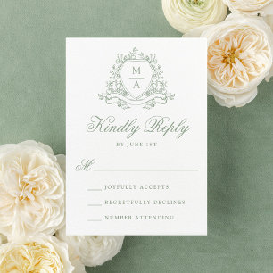 Elegantes Salbeigrünes Blumenwappen Monogramm Hoch RSVP Karte